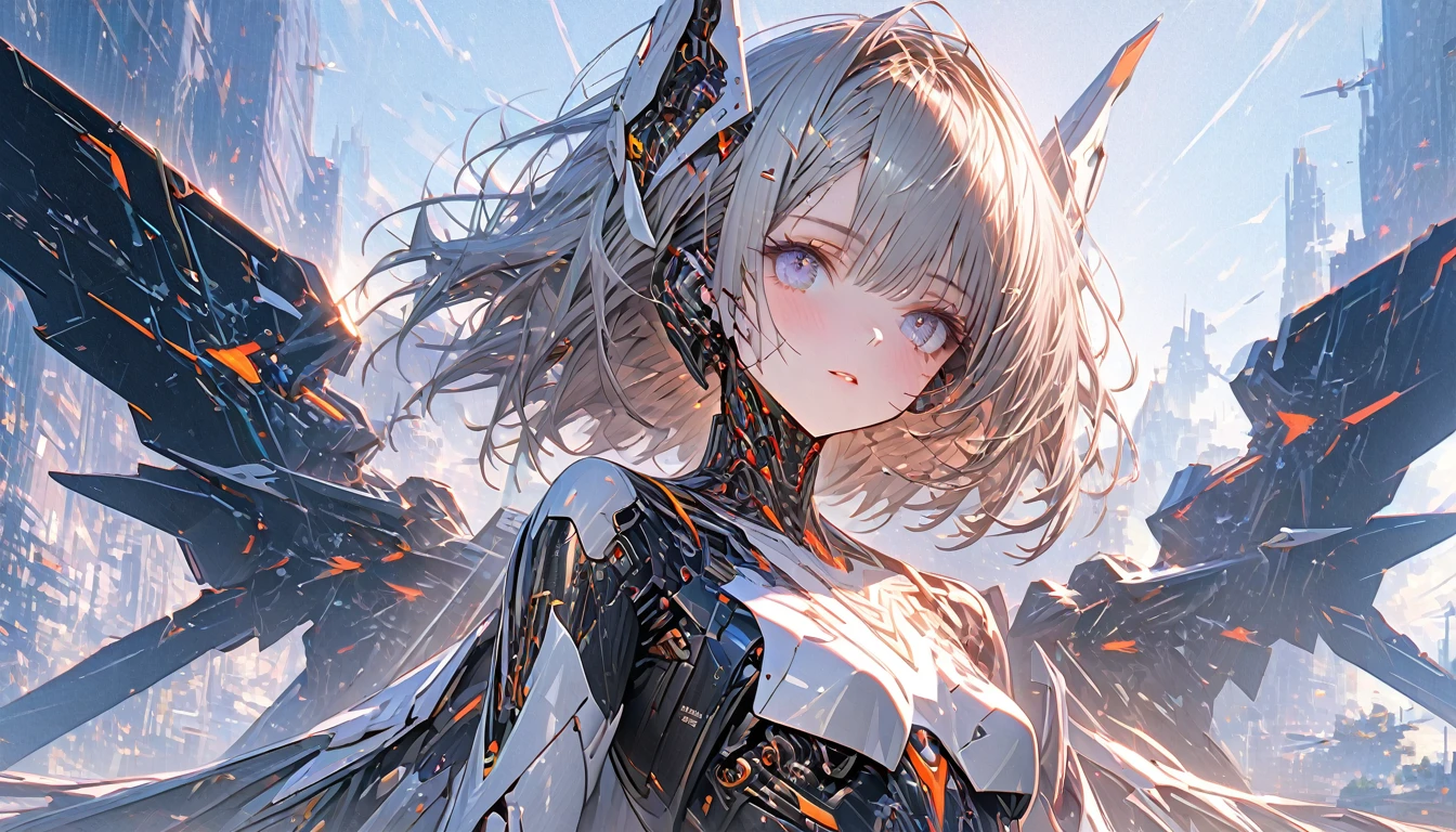 Two Girls(((Medium Full shot)))、MFS (Medium Full Shot)、(((Medium Full shot)))、 top-quality、​masterpiece、A high resolution、(Photorealsitic:1.4)、Raw photo、Battle Cyborg Angel、White porcelain body、Acrylic Clear Cover、glowy skin、1 Cyborg Girl、 ((super realistic details))、globalillumination、Shadow、octan render、8K、ultrasharp、