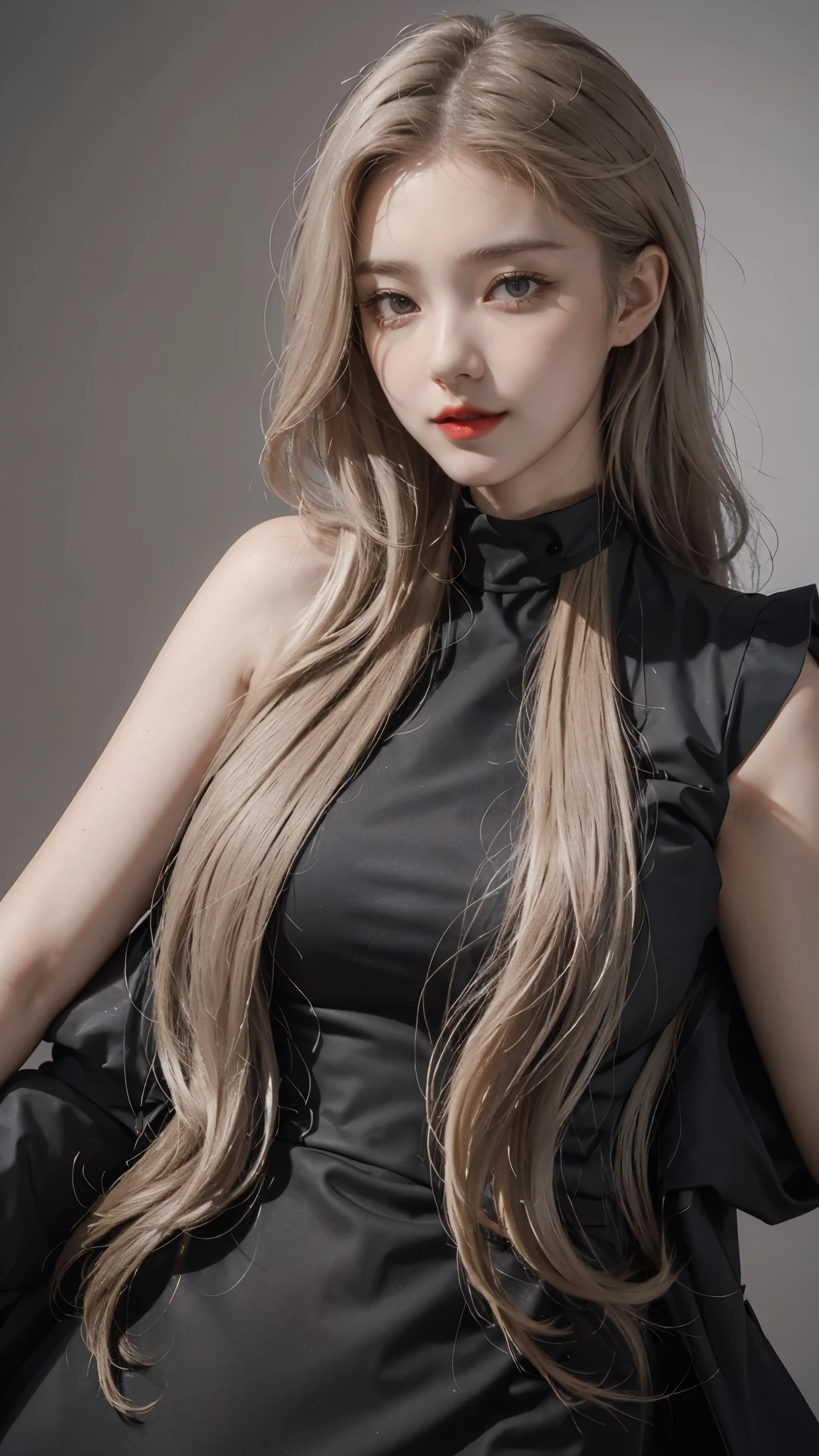 ((Realistic lighting、top-quality、8K、​masterpiece:1.3))、Clear focus:1.2、1girl in、flawless beauty:1.4、slim((blonde  hair))、Neat and clean clothing、One-piece clothes、Superfine Face、Narrow-eyed、二重まぶた、lighting like a movie、photos realistic、28 year old、Straight hair、Face like a K-pop idol、white backgrounid、Gray background、black backgrounds、Mature Woman、Classy makeup、Light hair color Blonde、Angle of pull、