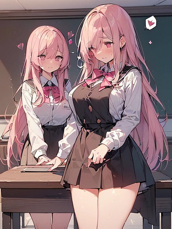 ((2girl),(yuri),(Stare deeply into each other's eyes)), (illustration), (masterpiece,best quality,high-resolution,detailed fingers,detailed hands,detailed eyes,detailed legs:1.5), (Anatomically correct number of limbs),  (long hair,short hair,pink and red hair), (big breasts),((clothed))), ((orgasm), (spoken heart)),((classroom),(Late Night))