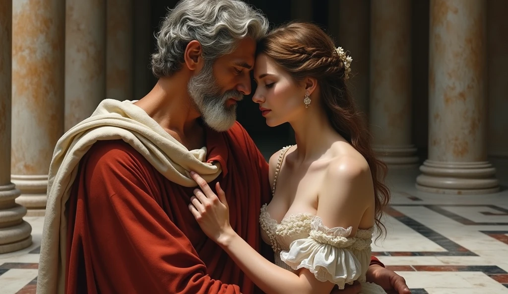 full body, naked, female greek with recloak, female greek, painted of rugged zeus and queen hera, god of thunder, female greek god, white hair, masculine, mature, handsome, upper body, muscular, hairy torso, fantasy, intricate, elegant, highly detailed, digital painting, artstation, concept art, smooth, sharp focus, illustration, art by gaston bussiere and alphonse mucha, almost naked