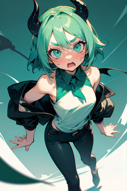1girls, Tatsumaki, one punch man, green hair, green eyes, (black dress:0.7), (pelvic cutain:0.5), small breast, thighs