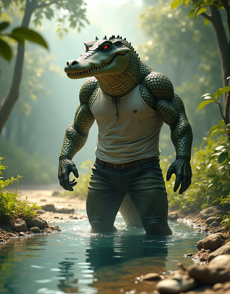 Male albino crocodile human hybrid, scarring, terrifying, angry, crocodile head, crocodile tail, alligator head, mouth, jaw, muscular, terrifying, 3d, realistic, in forest swamp, warrior, bloody, angry, A semi-medium long flaccid penis with foreskin visible, teeth, open mouth, Stick out her tongue, peeing, testicles, saliva, ASS,