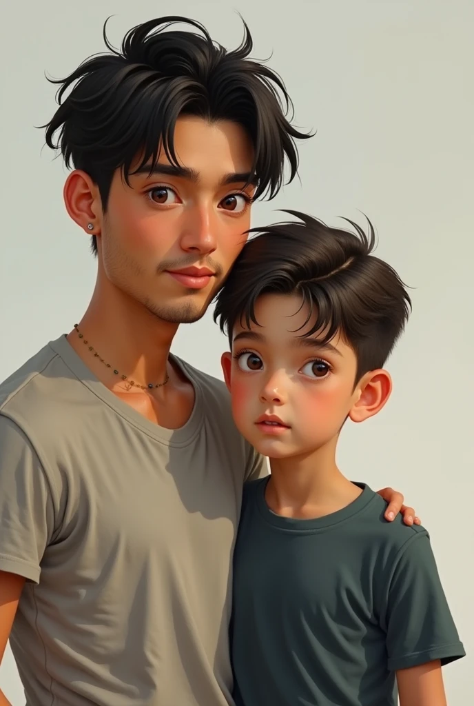 A couple,1 boy () , , , handsome face, racurly hairstyle, ,, white casual t shirt, short pants, A hyper realistic carricature ,photorealism,of a 1 skinny girl 10 yo.with random hair style,standing.wearing blue casual t shirt ,jeans ,light smile, high detail,high definition. .grey background