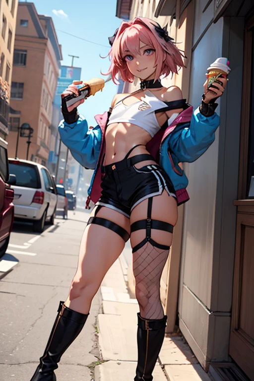 masterpiece、Highest quality、astolfo, Beautiful and slim perfect body, rasgos muy females, cuerpo female sexy muy delgado, flat chest, Pectorals, not breasts, very innocent smile, Girl, bright pink hair, spiky hair, short hair, a long braid, lock of white hair on left side, almost non-existent shorts, top that barely goes up the chest, off shoulder top, long fishnet stockings, female, small bulge in shorts, not penis, Eating an ice-cream, walking down the street、Full body painting、 girl、Ultra-detailed illustrations、Perfect body、Perfect Style、Slender beauty、tall beautiful femboy、A cheerful smile、extremely cute and beautiful femboy、femboy、Poses provoking men、Heavy breathing、Expressions of rutting、Very delicate and beautiful face and eyes、Detailed and sophisticated eyes、Beautiful Eyes、Beautiful Hair、Beautiful messy pink short hair、alone, 1femboy in、Dynamic Angle、Full Shot、Wide Shota Star Piece, Highest quality, ,Tube top、Navel costume、hot pants、Shorts、garter belt、Flight jacket、、Knee-high socks、Knee-high boots、 Long sleeve、Narrow waist、Shortsからはみ出る尻、Big Ass、Accentuated buttocks、Thin legs