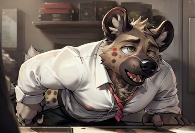 haida, hyena, nuzzle, male, spotted hyena, hyena boy, yellowish green eyes, fangs, spots, spotted body, white canine tail, white hands, white fingers, cheek tufts, neck short tufts, fur, lean, (wearing office outfit/ white shirt and red tie), by sugaryhotdog, by darkgem, by kokukokuboo, big chest, big biceps solo, (sketch lines, colored sketch), volumetric lighting, dynamic light, full body, intricate details, absurd res, 8k, the best quality, the best resolution, masterpiece, beautiful composition, absurd res, needy eyes, submissive, excited, office setting, back laying on desk, documents and files, laying submissivley, , thick butt, plump butt, panting, butt crack,wall clock, city landscape, morning light, longing gaze,  BARA, muscular, himbo, dilf, POV oral sex, standing, ((duo, gay, anal sex from behind, anal sex,)) blowjob, excessive cum, full view, ((hand grabbing penis)) jerking off, jerking self off, front view
