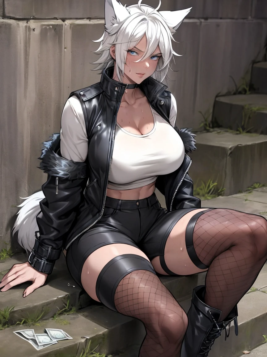 Single girl, Anime tomboy, Short, Long white hair, wolf ears, wolf tail, blue eyes, thigh high fishnets, black combat boots, wearing fur lined open jacket, nude, solo tomboy, only one female ((big breasts)) solo, alone, (SOLO)(ALONE) thicc thighs, wide hips, blue eyes, perfect eyes, perfect face, pouty lips, happy, white shirt, black cutoff shorts, midriff, cleavage, perfect detailed face, ((sweat)), aftersex, alley, modern grey walls, (prostitution), (((holding money in hand))), ((after prostitution)), ((sitting on stone stairs)), ((exhausted)), ((sweating)), heavy breathing, disheveled,