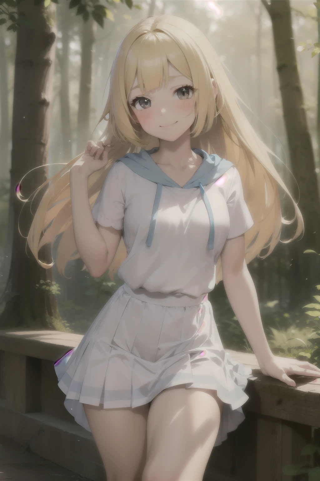 Anime style, pokemon , lile  , blonde hair  ,childshi body ,  smug face smile , blush ,white  dress, lifting her skirt showing pantie,  forest , 