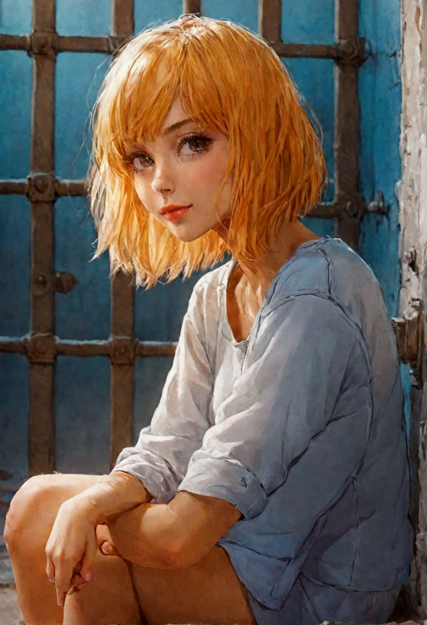 A blonde woman, bob hair cut, sitting down on concrete slab, prison cell backdrop