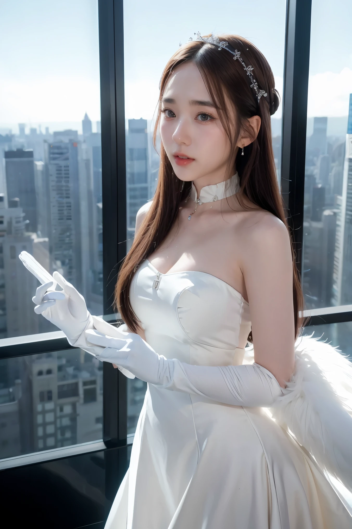 1girl, highres, masterpiece, solo, anime, absurdres, detailed face, perfect eyes, azura (fire emblem), upper body, full body, white dress, jewelry, white gloves, cityscape, holding, staff, singing