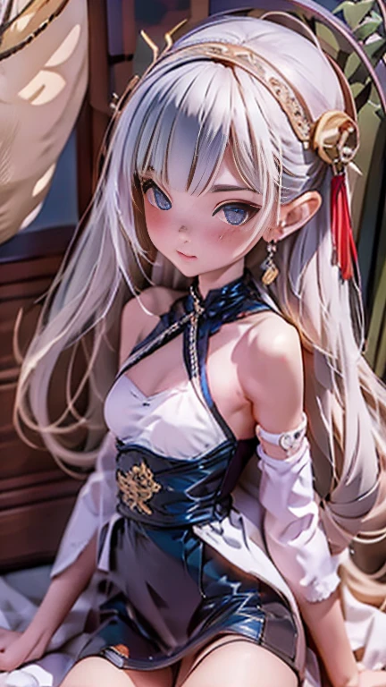 masterpiece,best quality,official art, Extremely detailed CG unified 8k wallpaper,ridiculous,8K resolution,yukivo,There are moles under the eyes,Color contact lenses,cat's mouth,Awkward,long hair,silver hair,hair behind ears,ribbontrim,(Tight-fitting sexy cheongsam:1.4),(Transparent lace panties:1.2),Lace suspender tights,Ice crystal texture,Look in the mirror,Hands lift the skirt,In winter,snowflake,Chinese Valentine's Day,Cinema lighting
