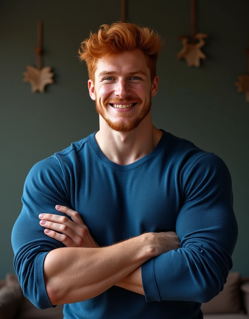 nsfw, gay, homoerotic, best quality, masterpiece, hyper realistic, extremely detailed, "Thank" text in blue neon lights in the background, huge bulge in extremely tiny white string jockstrap, extremely handsome ginger man, covers crotch, smile, half body, fill frame, dark cinematic lighting, extremely dramatic shadows, no background, perfect face, perfection, no signature, no logo
