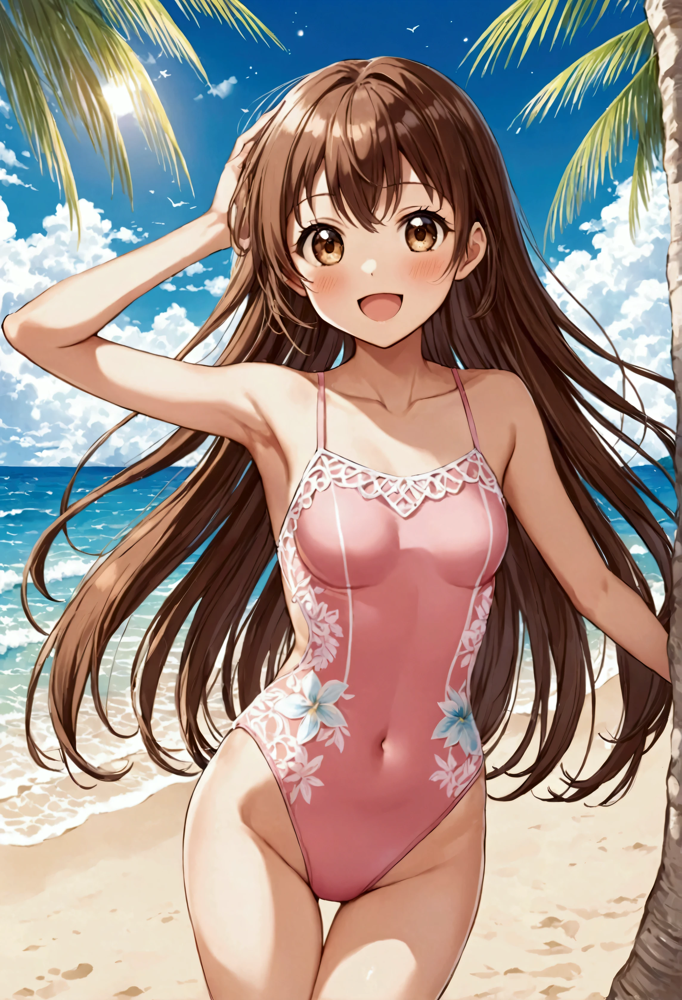 A cute anime girl, pink one-piece swimsuit, brown hair, brown eyes, cute face, small breasts, slim legs, slender body, looking at viewer, smile, blush, open mouth, tropical beach, cowboy shot, cute eyes, arms behind back, very long hair, excited, highleg