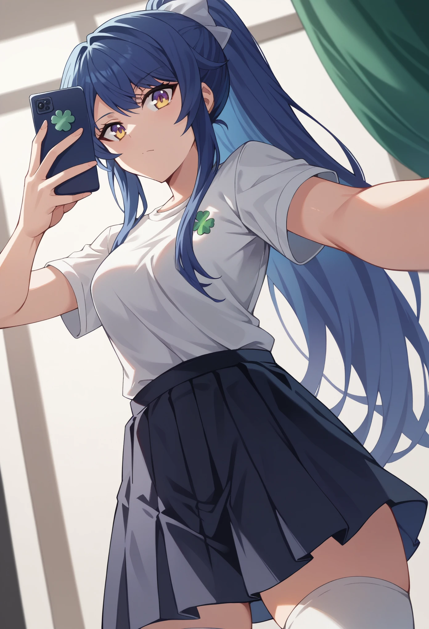 1 girl, solo Age: 19 Date of birth: Unknown World: Modern Japan Hair Color: Deep Ocean Blue Hair_Style: High Ponytail with Side-Swept Bangs Eye Color: Shining Purple With deep blue shade below Pupils, white 3 leaf clover Clothing Style: white T-shirt with Yellow Bright Star. Thigh highs Black skirt, masterpiece, 4k, ultrasharp, white penties, selfie