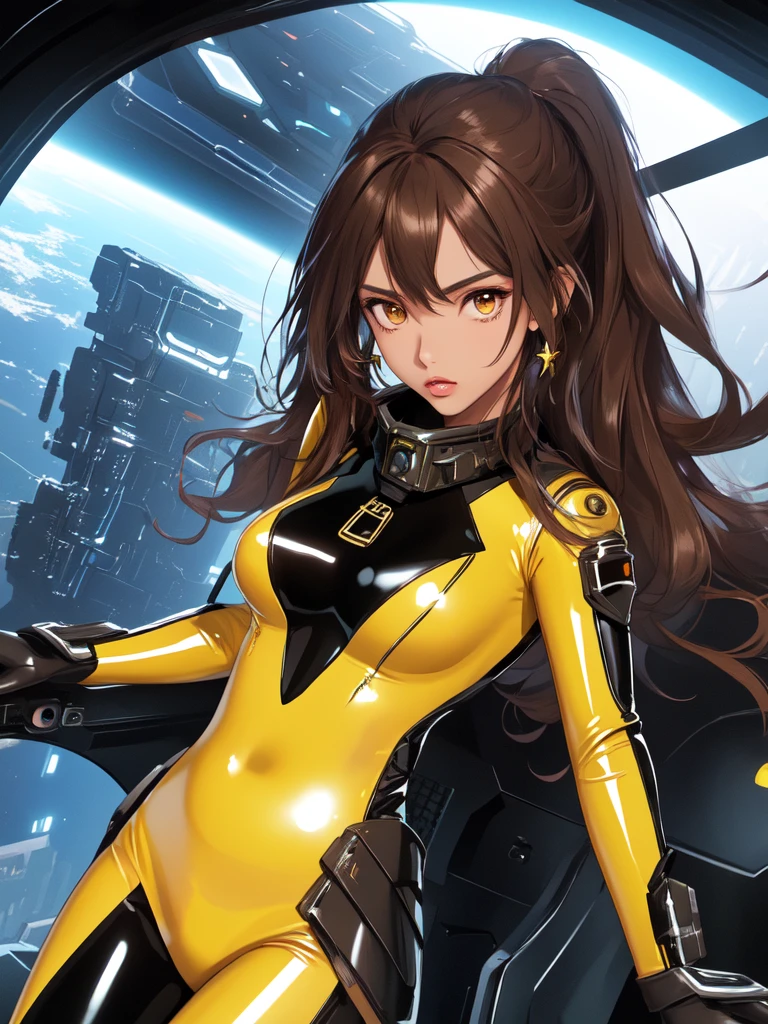 high quality, extremely detailed, perfect face, sharp face, angular face, full lips, Quna, extremely long ponytail, brown hair, brown eyes, brown skin, dark skin, ((yellow latex zelsius bodysuit)), black armor, ((extremely glossy)), cyberwear, ((sci-fi pistols)), ((bayonets)), surreal space background, starship interior, window