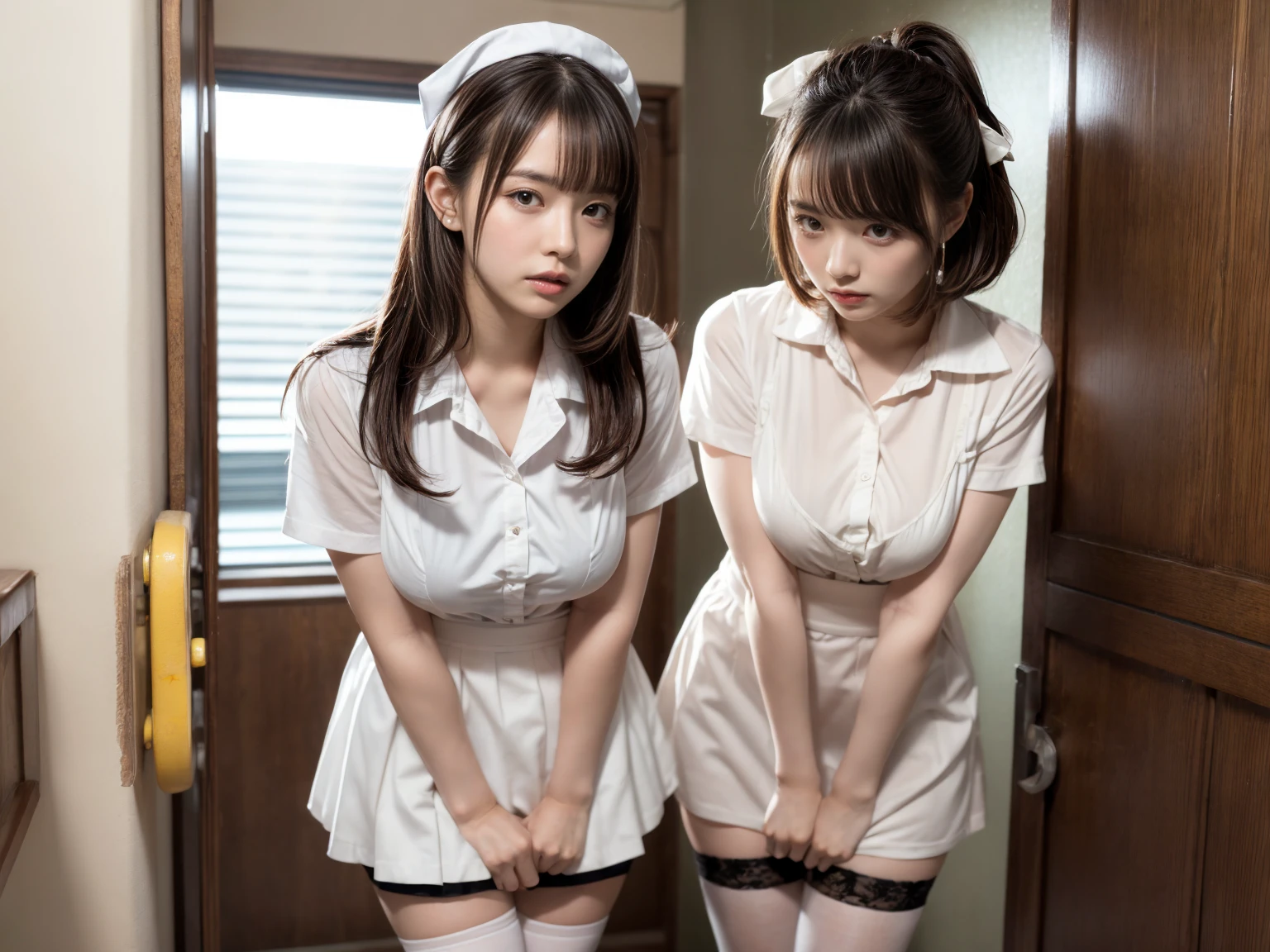 realisitic、top-quality、((2 girls)),Realistic with very young face、((Pale pink nurse))、small nurse cap nurse cap、undergarment、(beautiful nipple)、Colossal tits 、((all-fours)),Professional bright lighting、yawning being、((Too small face))、drooping bangs、put out the tongue、(((drooling)))、((Erotic look))、(((Girls Penis)))、beautiful thigh、(((Female doctor in sexy lingerie grabs nurse's waist from behind and has sex)))、Manteau blanc、(((Sex with big girls penis girl from the front、nsfw:1.2))),nude,((nipples:1.3)),(huge breasts:1.3,big breasts))
