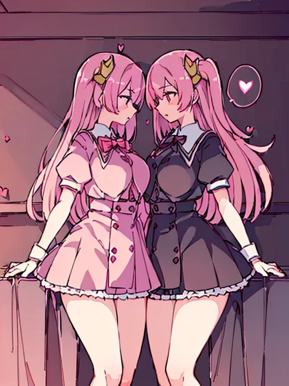 ((2girl),(yuri),(Stare deeply into each other's eyes)),  (masterpiece,best quality,high-resolution,detailed fingers,detailed hands,detailed eyes,detailed legs:1.5), (Anatomically correct number of limbs),  (red and pink long hair,Sharp Eyes), (Pink short hair), (big breasts),((clothed)), ((orgasm), (spoken heart)),((classroom),(twilight sky))