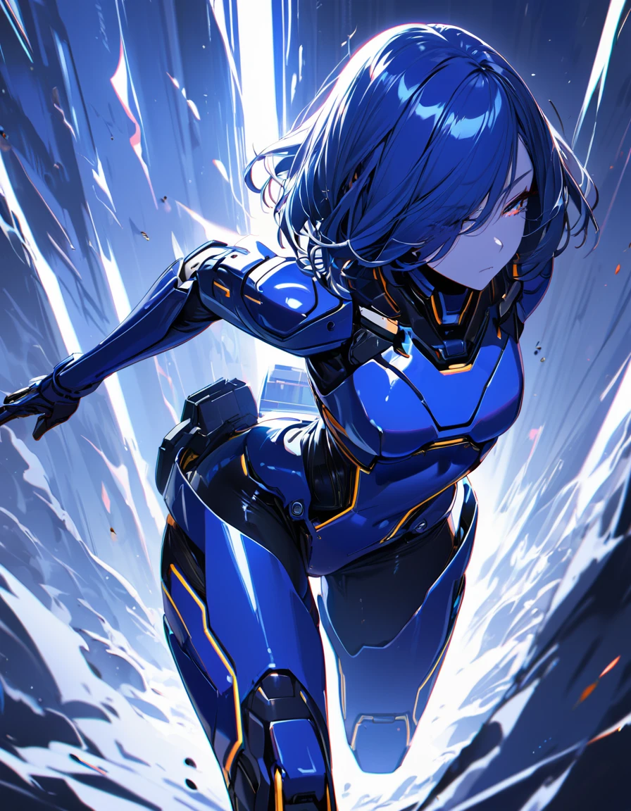 1girl, blue hair, breasts, wide hips, bodysuit, black bodysuit, short hair, very short hair, science-fiction, tech, futuristic, machinery, full body, ((full body)), fighting stance, hair ornament, ornament,