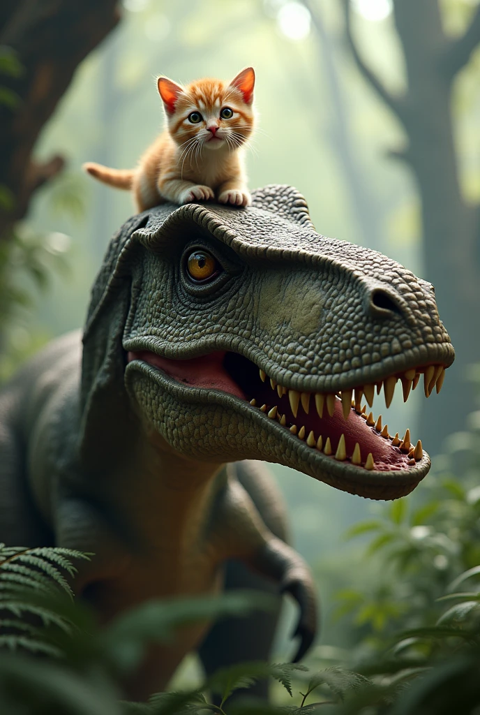 Kitten eating a tyrannosaurus