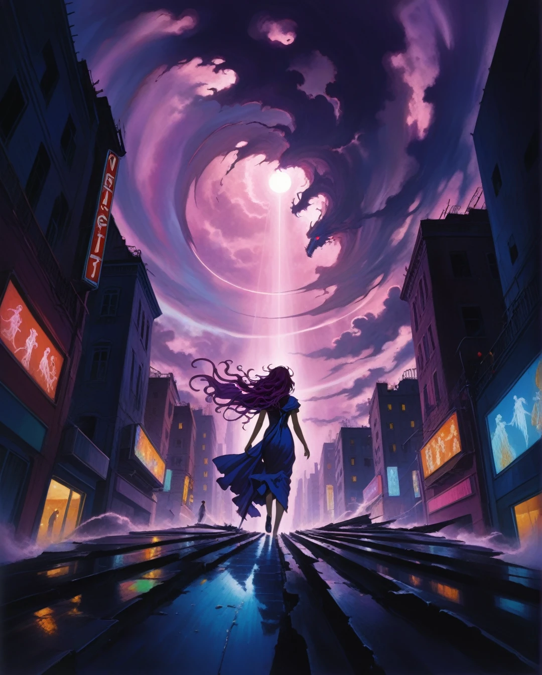 **AI Art Prompt:** Create a surreal and dynamic cityscape at the moment of chaos, where a futuristic metropolis is crashing down from above. The sky sparkles with electric energy, and the buildings swirl in a whirlpool-like vortex. In the foreground, a mysterious figure walks confidently down the sidewalk, illuminated by neon lights, as if unaffected by the destruction overhead. A keyhole in the distance howls with wind and distant voices, hinting at something unseen. Center the scene on a weather-beaten angel, descending from the stormy clouds, with wings spread wide, embracing a haunting cemetery below. The figure is ethereal, framed in mystifying colors, blending light and shadow. The atmosphere is both dark and exhilarating, with a rebellious energy. Incorporate hints of hidden doors and secret paths, as if the city holds unknown escapes, and add a sense of urgency with vibrant movement throughout. The overall palette should include dark blues, neon purples, and electric highlights, capturing the intensity and mystique of the lyrics.