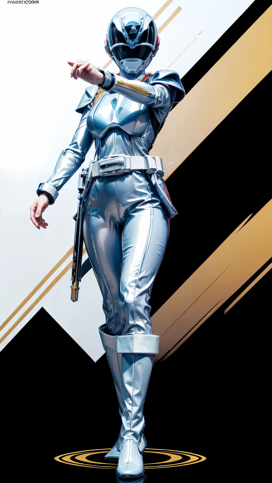 1girl, white, full body, illustration, Cinema-grade lighting, high resolution, best quality, very detailed, Masterpiece, power suit, Power Rangers, suit, speed, (silver royal guard ranger suit), Gold Details, holding white pistol, flow, Light armor,  martial arts, dynamic, flame, particle