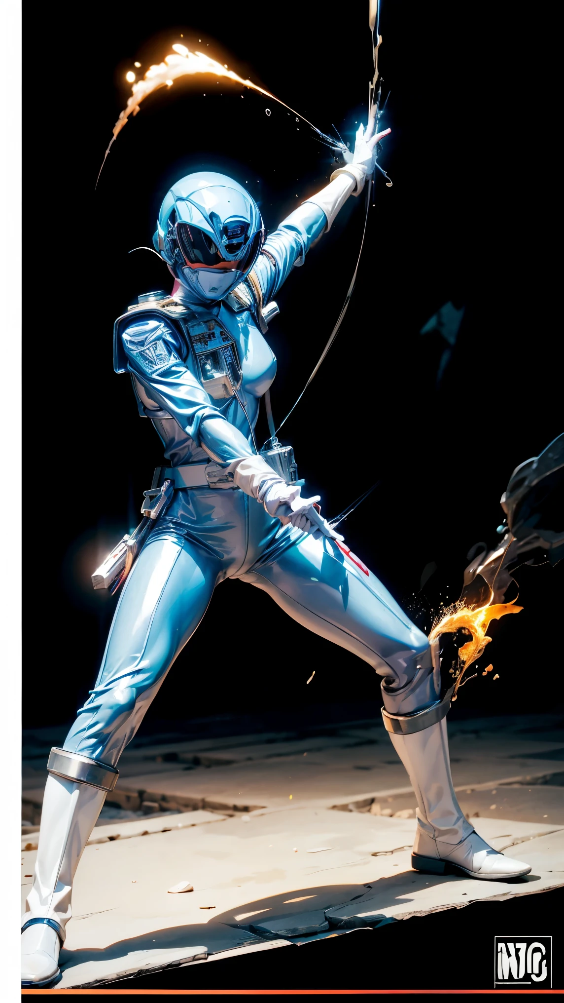 1girl, white, full body, illustration, Cinema-grade lighting, high resolution, best quality, very detailed, Masterpiece, power suit, Power Rangers, suit, speed, (silver royal guard ranger suit), Gold Details, holding white pistol, flow, Light armor,  martial arts, dynamic, flame, particle