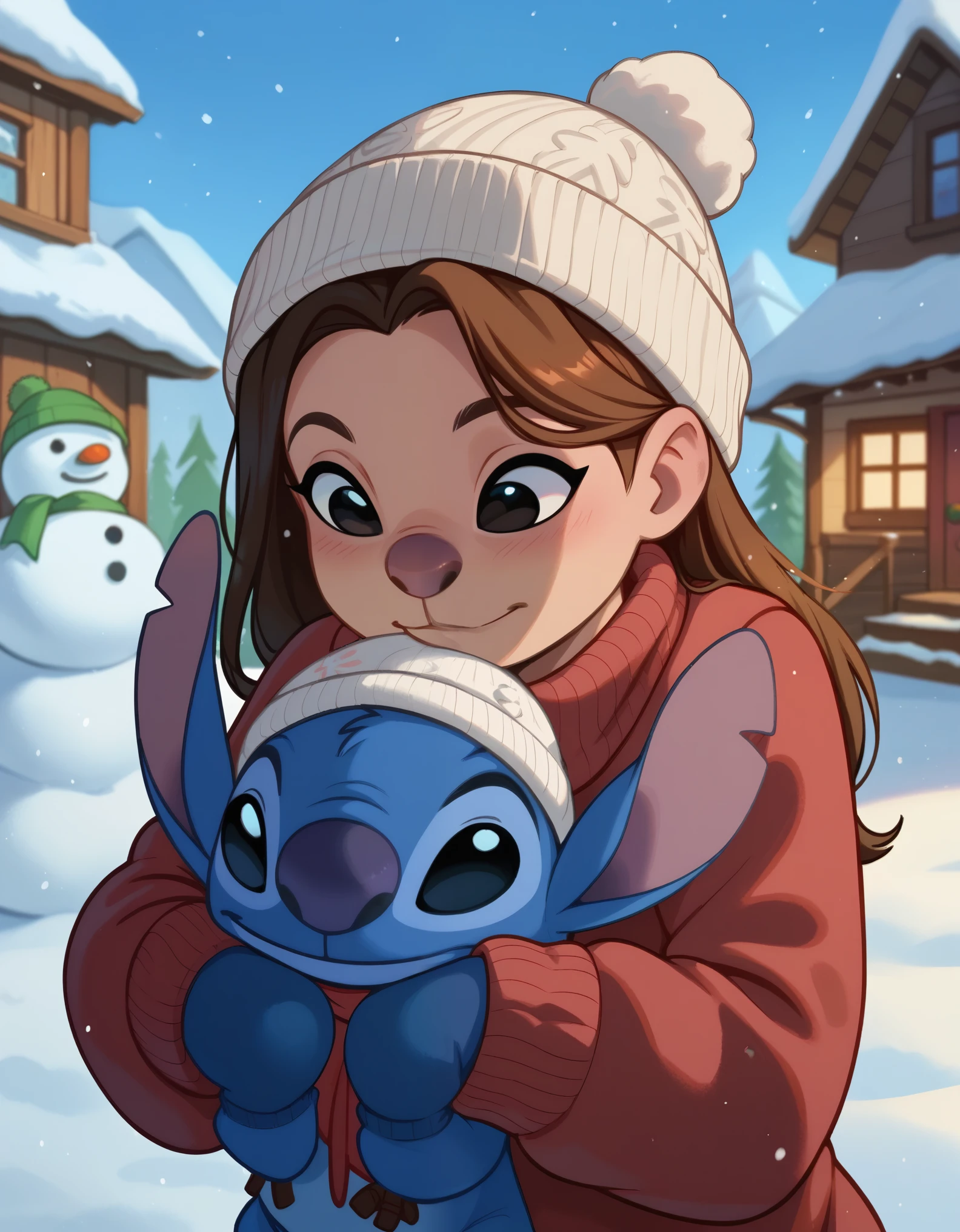 score_9, score_8_up, score_8, 1boy, stitch, black eyes, furry, sweater, beanie, snow, snowman, mittens, cute