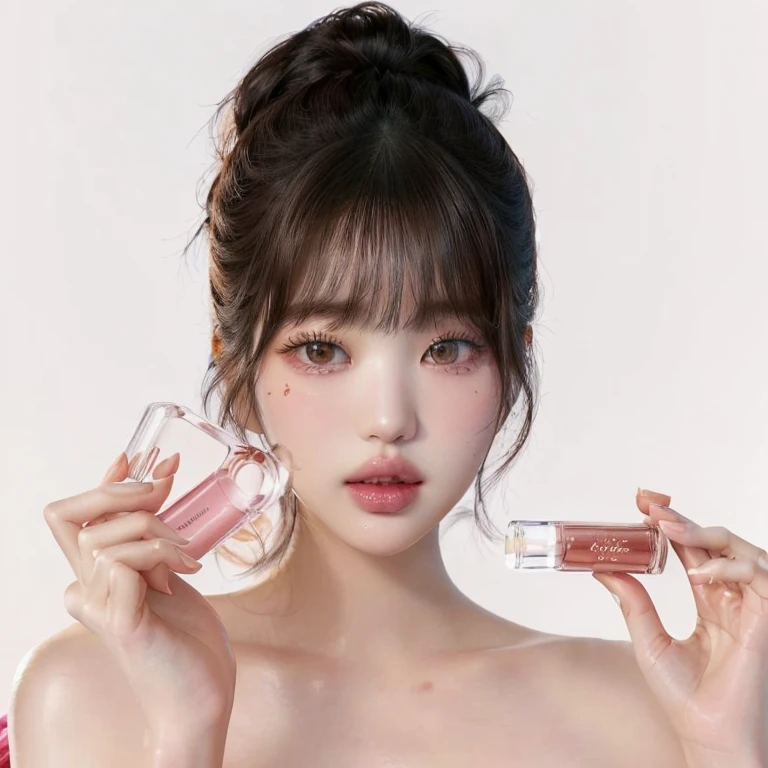 a close up of a woman holding two lip glosses in her hands, popular south korean makeup, popular korean makeup, lalisa manobal, bae suzy, lalisa manoban of blackpink, song hye - kyo, perfume, beauty campaign, jinyoung shin, ulzzang, jaeyeon nam, makeup, hwang se - on, with full bangs