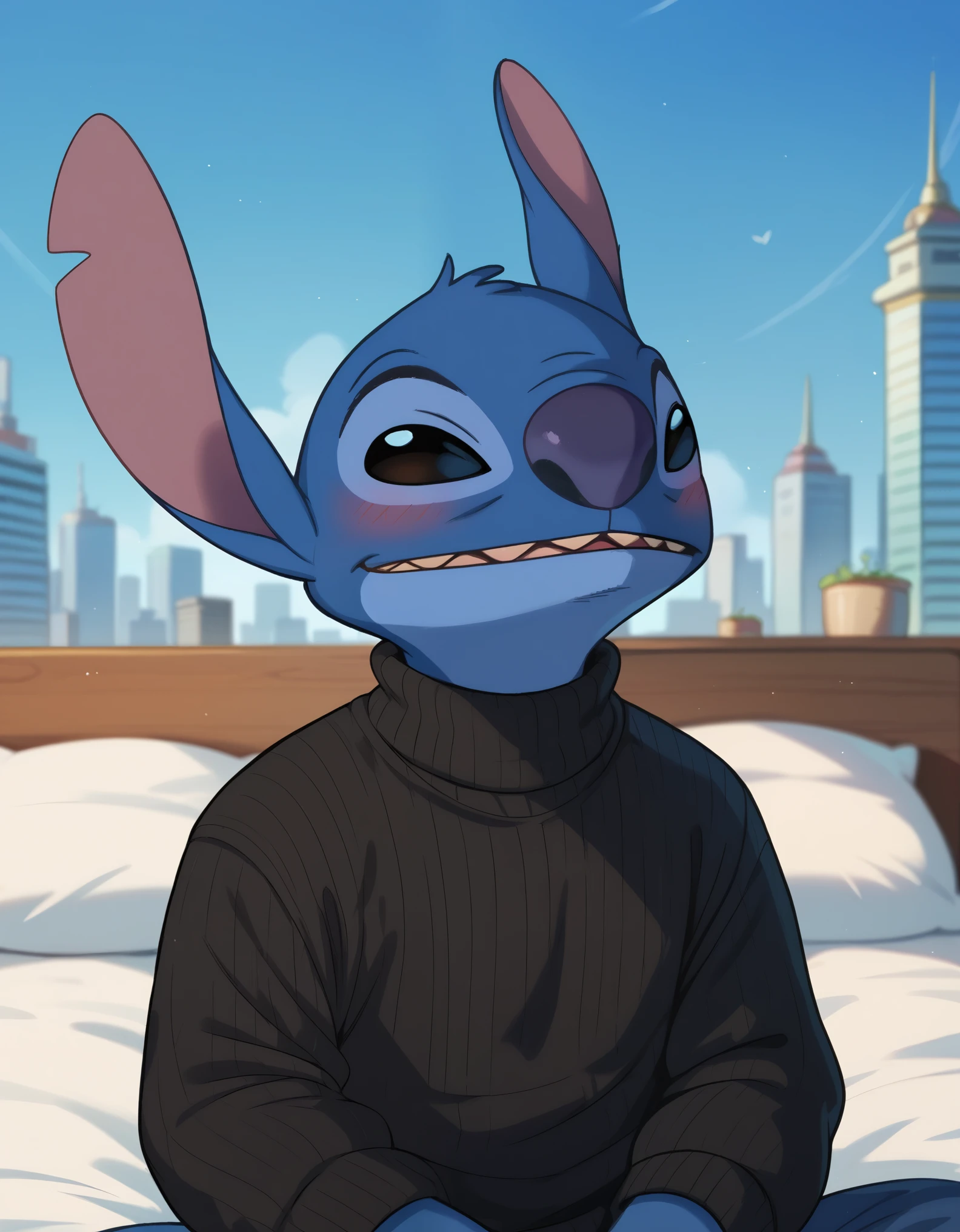 score_9, score_8_up, score_8 1boy, stitch, black eyes, joy, blush, furry, sitting on bed, cityscape, sky, detailed background, Black olive sweater outfit, upper body