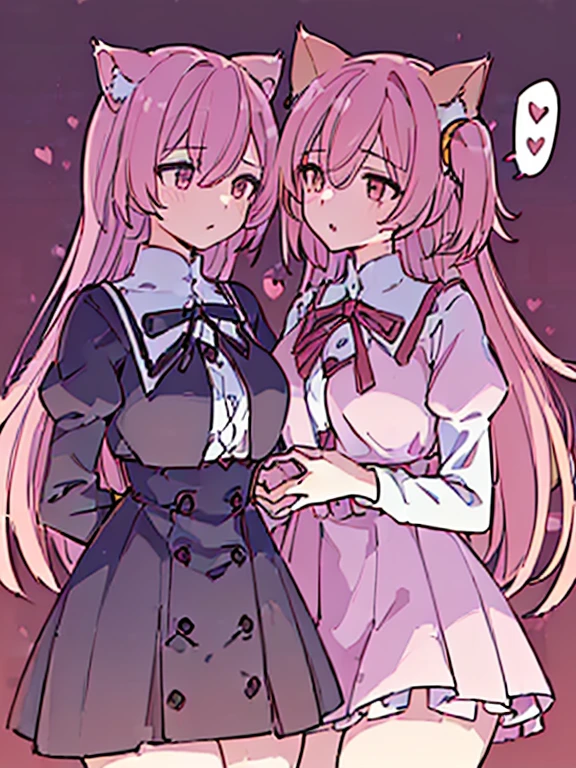 ((2girl),(yuri),(Stare deeply into each other's eyes)),  (masterpiece,best quality,high-resolution,detailed fingers,detailed hands,detailed eyes,detailed legs:1.5), (Anatomically correct number of limbs),  (long hair,short hair,pink and red hair), (big breasts),((clothed),(cat ears)), ((orgasm), (spoken heart)),((classroom),(twilight sky))