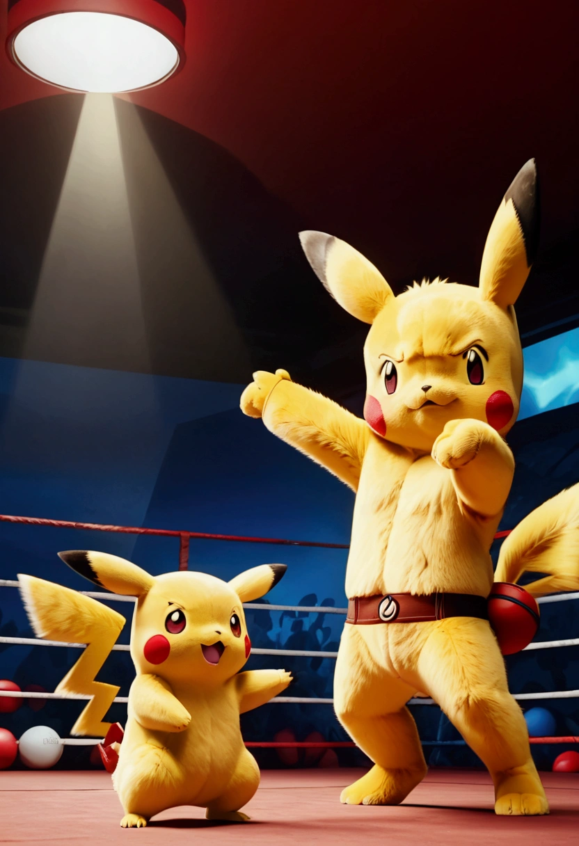 Pikachu boxing with teddy bear, 3D anime style, realistic match, professional lighting, detailed drawing, (best quality,4k,8k,highres,masterpiece:1.2),ultra-detailed,(realistic,photorealistic,photo-realistic:1.37),dynamic composition,dramatic lighting,cinematic camera angle,intricate background details,highly saturated colors,dynamic action pose,cute expression,fluffy fur texture,sparks flying,intense competition