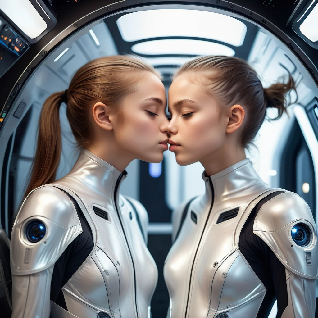 Top Quality, Masterpiece, High Resolution, 8k, wide objective, full body shot, ((*******r, barely legal)), ((2 cute girls kissing in a light space tight suit, small perky breasts, extremely detailed face, beautiful detailed closed eyes, beautiful detailed lips, pixie side shaved hair, small hips, in a spaceship, wide view))