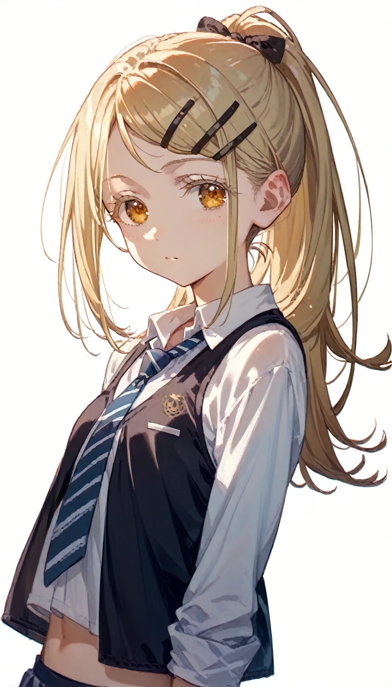 shinosawa hiro,slender,amber eyes,white eyelash,blonde hair,long hair,hairclip,white background,flat chest,necktie,black vest,ponytail,