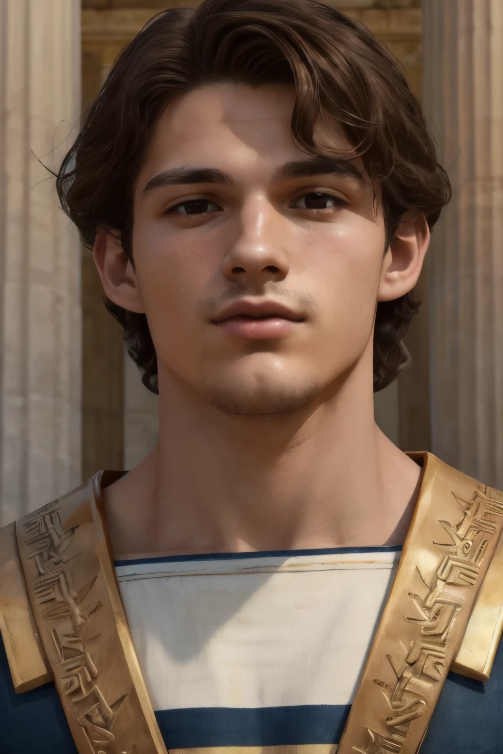 ((best quality)), ((masterpiece)), (detailed), ((best quality)), ((masterpiece)), (detailed), 1man, tall, handsome, twenty-one years old, young, slender man, brown eyes, fair skin, red-brown hair, perfect face, calm expression, detailed hands, detailed eyes, detailed and clear eyes, fictional art, ancient greek outfit, delicate and beautiful detailing, well-proportioned detailed eyes, volume smooth and sharp, best quality, closed mouth, ancient greece, ancient greece outfit, man, young man