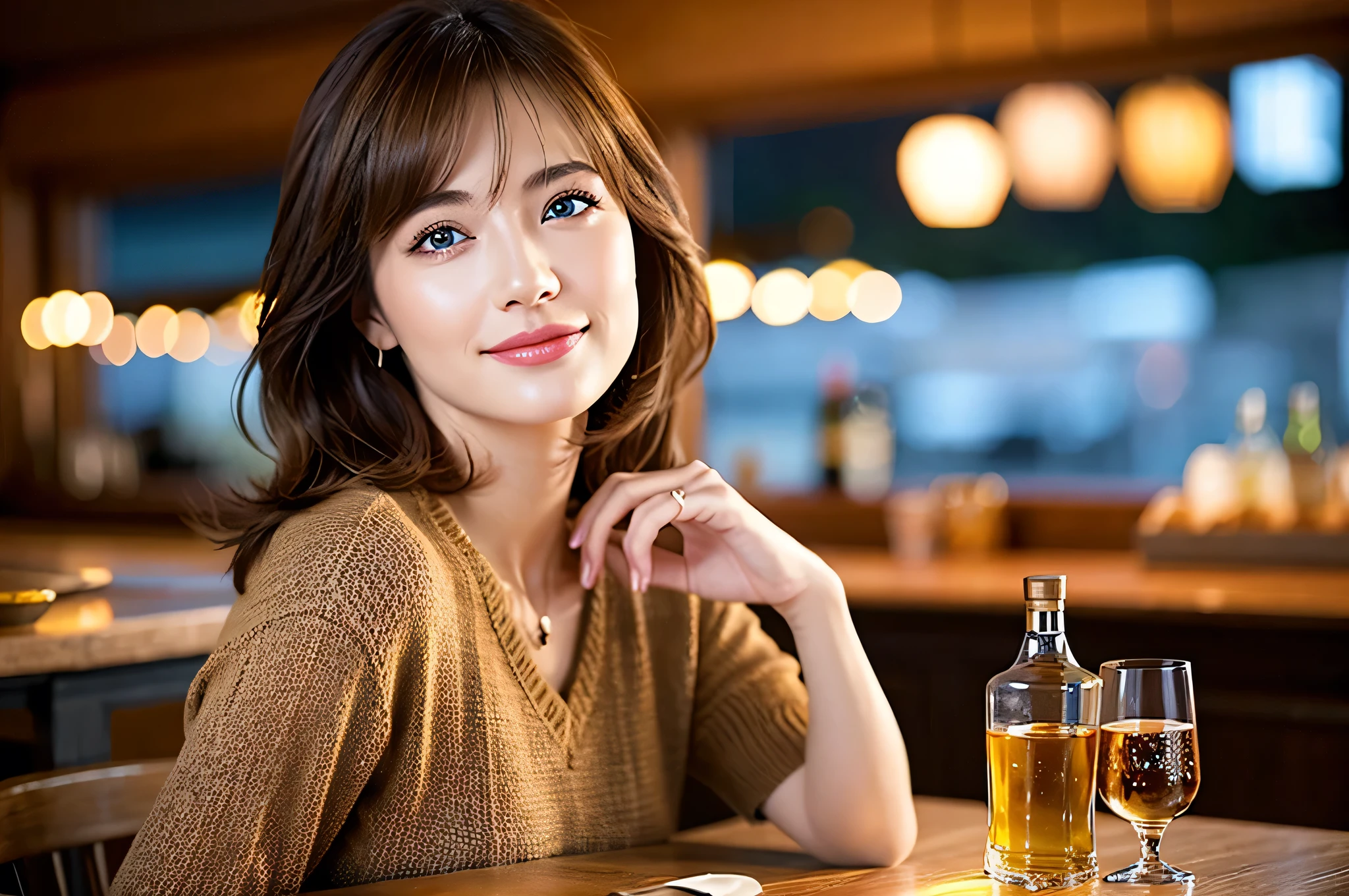 (Realistic, 超Realistic:1.4), 16k hdr, High resolution,Brown short hair,The best smile、Japanese actress,Super Beauty(Like the real thing),Short sleeve dress,Whiskey bottles、The Macallan、Johnnie Walker、、Old Parr、whiskey、Suntory、nikka、Slim Couple、Model Couple、(Realistic, Intricate details:1.2), full-course dinner、Whiskey bottle and glass on the table、Single Malt、scotch、Rocks glass、Shot Glass、Whisky on the rocks、Scotland、Amazing view of the sunset sky and clouds、,Digital single-lens reflex camera, Soft lighting, Detailed Background, Written boundary depth, Volumetric lighting, Sharp focus, super Realistic 肌,super beautiful expression,Cloud Effect:1.2、Professional quality high resolution、Realistic facial features,Highest quality,Slim figure,Highly detailed face,Highly detailed eyes,Beautiful Lips,Excellent light particles,Cinema Lighting,Blue eyes,