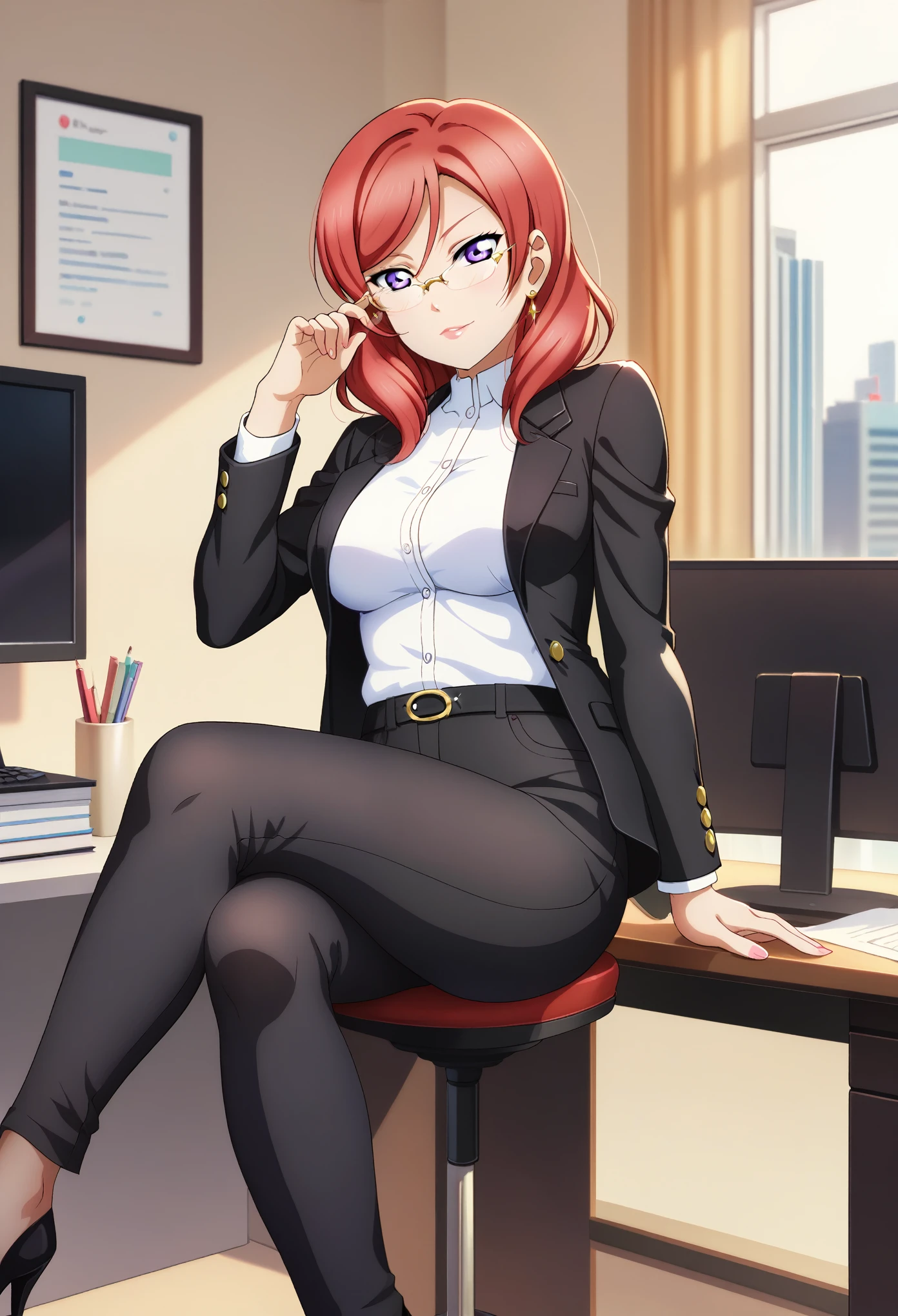 best quality, masterpiece, extremely detailed, today's featured anime still, trending on pixiv, solo, mature female, tall female, touko aozaki, long hair, red hair, high ponytail, opaque glasses, red eyes, sharp eyes, smoking cigarette, white shirt, black pants, black shoes, office, takeuchi takahashi style, sitting on chair, doing paperwork, office chair,