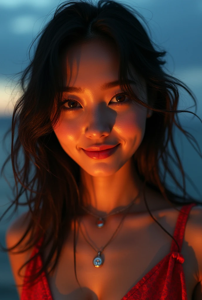Portrait of a cute young asian girl (1:1.5), in a cute bikini, smiling, small breasts with cleavage, (high detail skin:1.2), 8K UHD, Digital SLR, Soft lighting, High quality, filmgrain, Fujifilm XT3, perfect figure, (beautiful woman:1.4), ((wavy hair)), RAW photo, rim lighting, dim lighting, perfect ???????, anatomically correct, perfection proportions.
