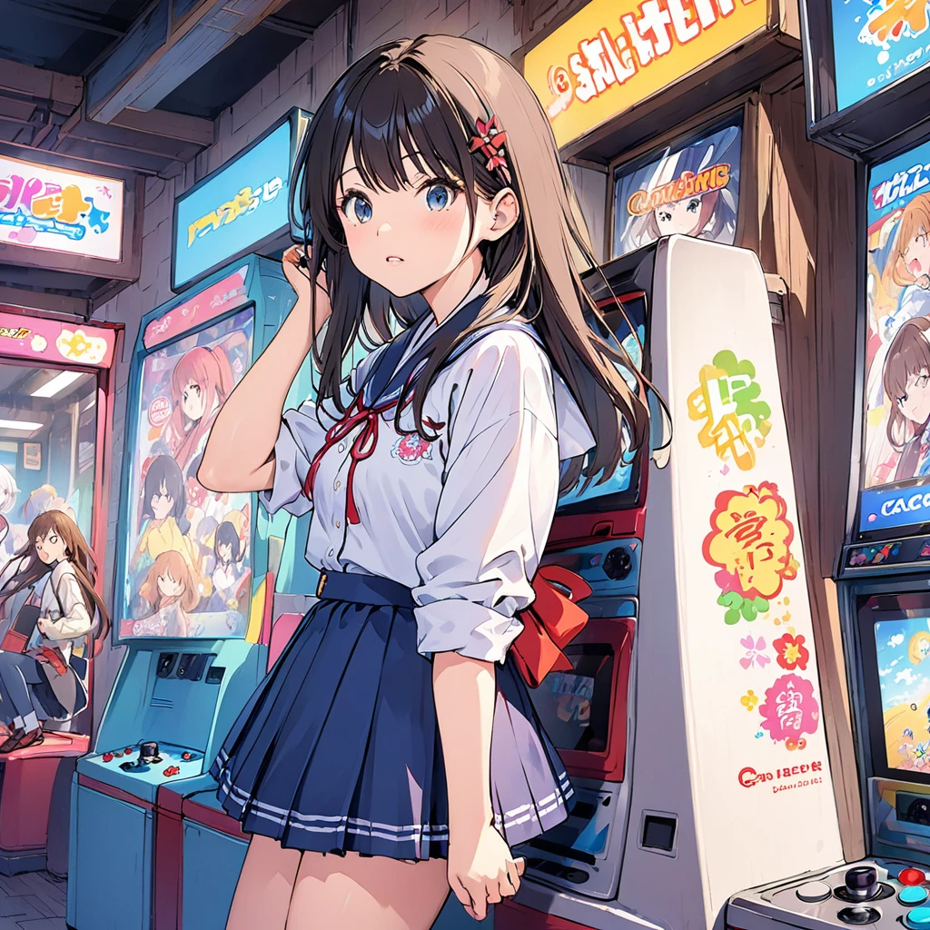 bellybutton、Fashionable glasses、Short spats、arcade、game machine、Game bench、UFO Catcher、Purikura、Date、forehead、Girl、Girl、Short、Younger、Lower school year、Baby Face、flat chest、smile、Dynamic Angle、masterpiece、best quality、ultra-detail、There are customers around、I'm making a mess、Clothing