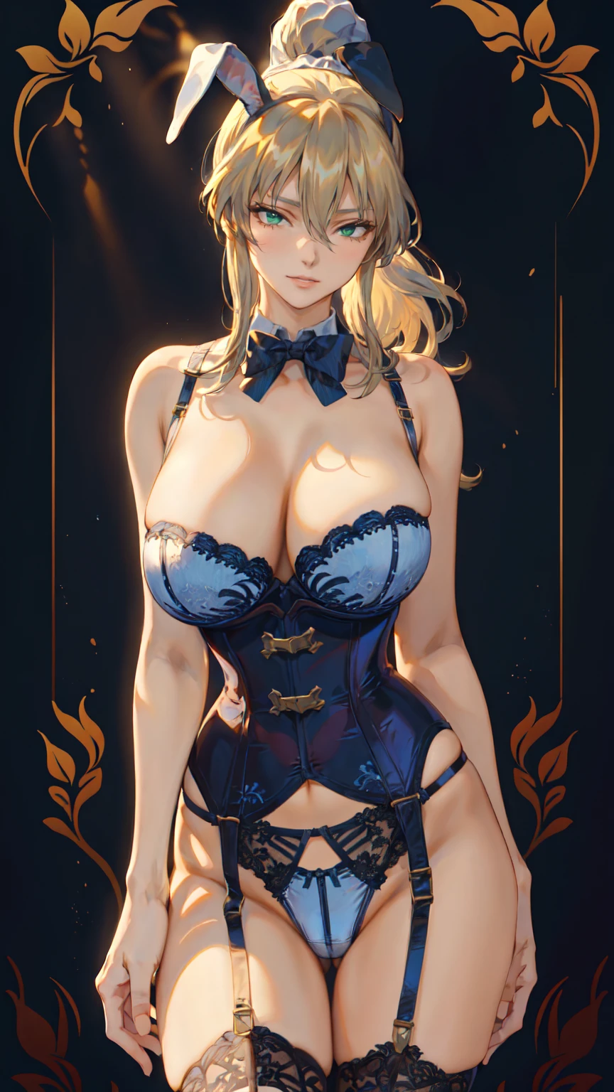 Artoria Lancer, Mature Woman, Cool woman, elegant, Blonde, (((Green Eyes, eyes in highlight:1, shiny eyes:1))), ((Bunny suit, Headband, rabbit ears, corset, bow tie, garter belt, high leg, thigh highs)), Portraiture, ((cowboy shot)), Curvaceous, 4K resolution, high quality, 最high quality, High resolution, unity 8k wallpaper, (figure:0.8), (((beautiful細部までこだわった目:1.6))), ((非常に詳細なface)), Highly detailed CG, (Perfect hands, Perfect Anatomy), (Vibrant_color:1.2), Professional photos, (beautiful_face:1.5), (narrow_Waist), (((grin, sharp face))), (perfect anatomy), ((highly detailed beautiful face)), ((slender body, slim arms)), ((very big boobs, Cleavage)),((long hair, high ponytail, long sideburns)),(official art:1), ((tall person)), (nice body), Incredibly absurd, 最high quality, 4K wallpaper, mature modeling, One girl, alone, (arms behind head), (魅惑的なface:1.3), Bone eye, Deep and detailed, ((see-through lingerie garter belt black thigh highs)), sexy lace underwear, lingerie, Simple Background, Gradient Background