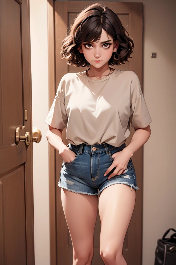 ((masterpiece, best quality)) , front，Black short hair，가슴罩，Denim shorts, girl，，Brown eyes，Home