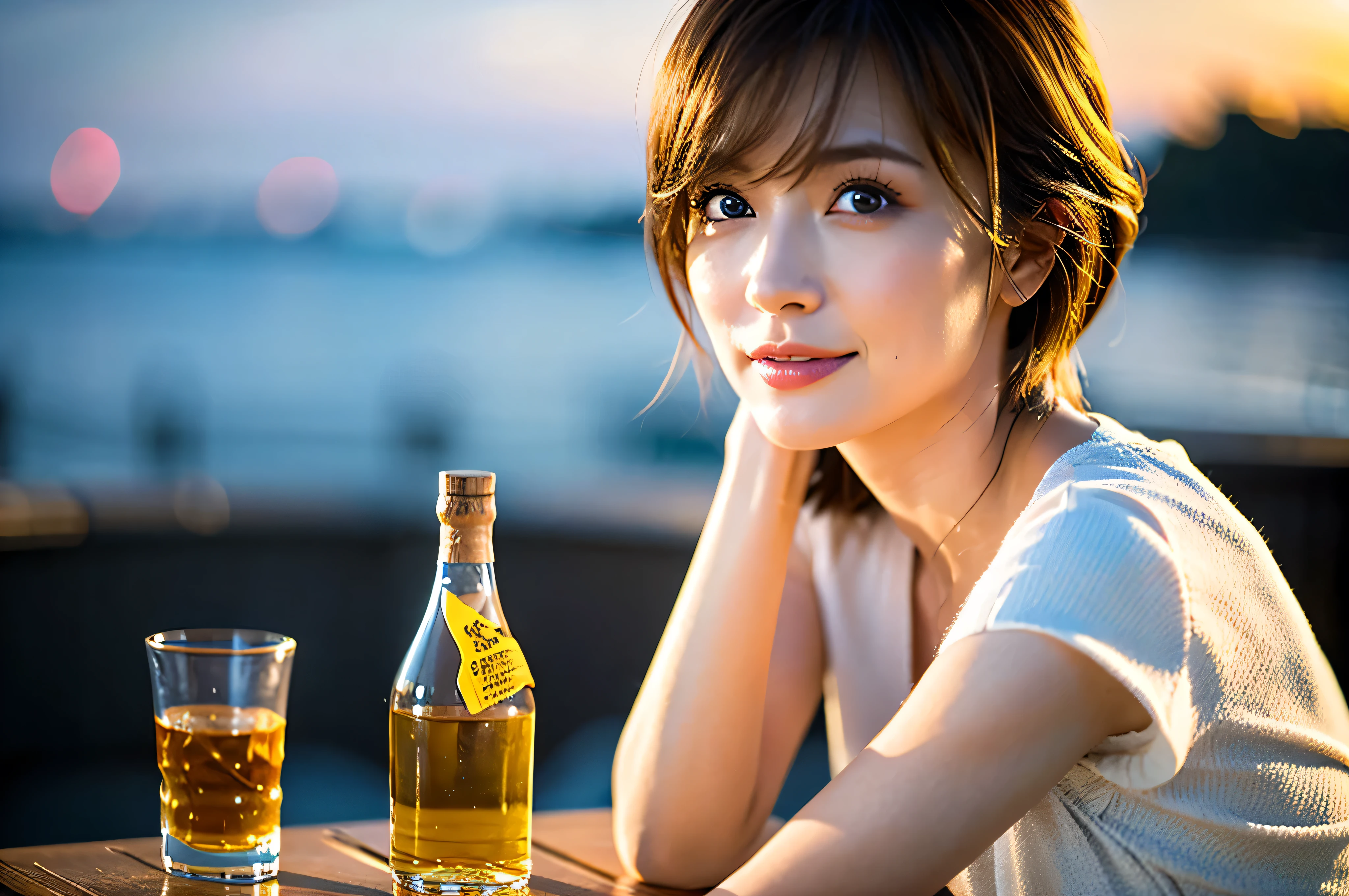 (Realistic, 超Realistic:1.4), 16k hdr, High resolution,Brown short hair,The best smile、Japanese actress,Super Beauty(Like the real thing),Short sleeve dress,Whiskey bottles、The Macallan、Johnnie Walker、、Old Parr、whiskey、Suntory、nikka、Slim Couple、Model Couple、(Realistic, Intricate details:1.2), full-course dinner、Whiskey bottle and glass on the table、Single Malt、scotch、Rocks glass、Shot Glass、Whisky on the rocks、Scotland、Amazing view of the sunset sky and clouds、,Digital single-lens reflex camera, Soft lighting, Detailed Background, Written boundary depth, Volumetric lighting, Sharp focus, super Realistic 肌,super beautiful expression,Cloud Effect:1.2、Professional quality high resolution、Realistic facial features,Highest quality,Slim figure,Highly detailed face,Highly detailed eyes,Beautiful Lips,Excellent light particles,Cinema Lighting,Blue eyes,