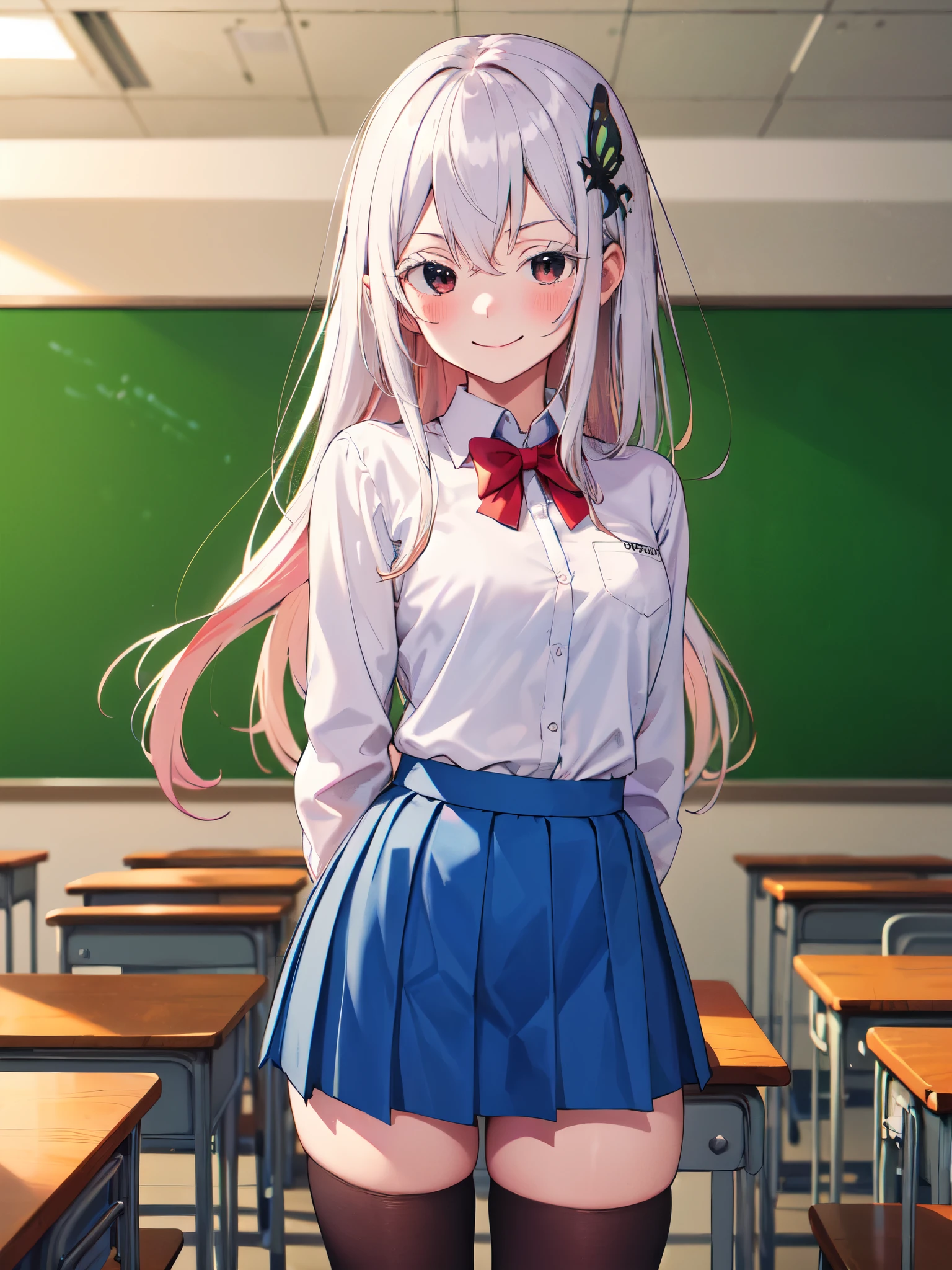 masterpiece, vibrant colours, best quality, detailed, highres, absurdres, score_9, score_8_up, score_7_up, in1, long hair, white shirt, school uniform, blue skirt, long sleeves, red bow, thigh highs, cowboy shot, standing, smile, arms behind back, classroom, butterfly hair pin