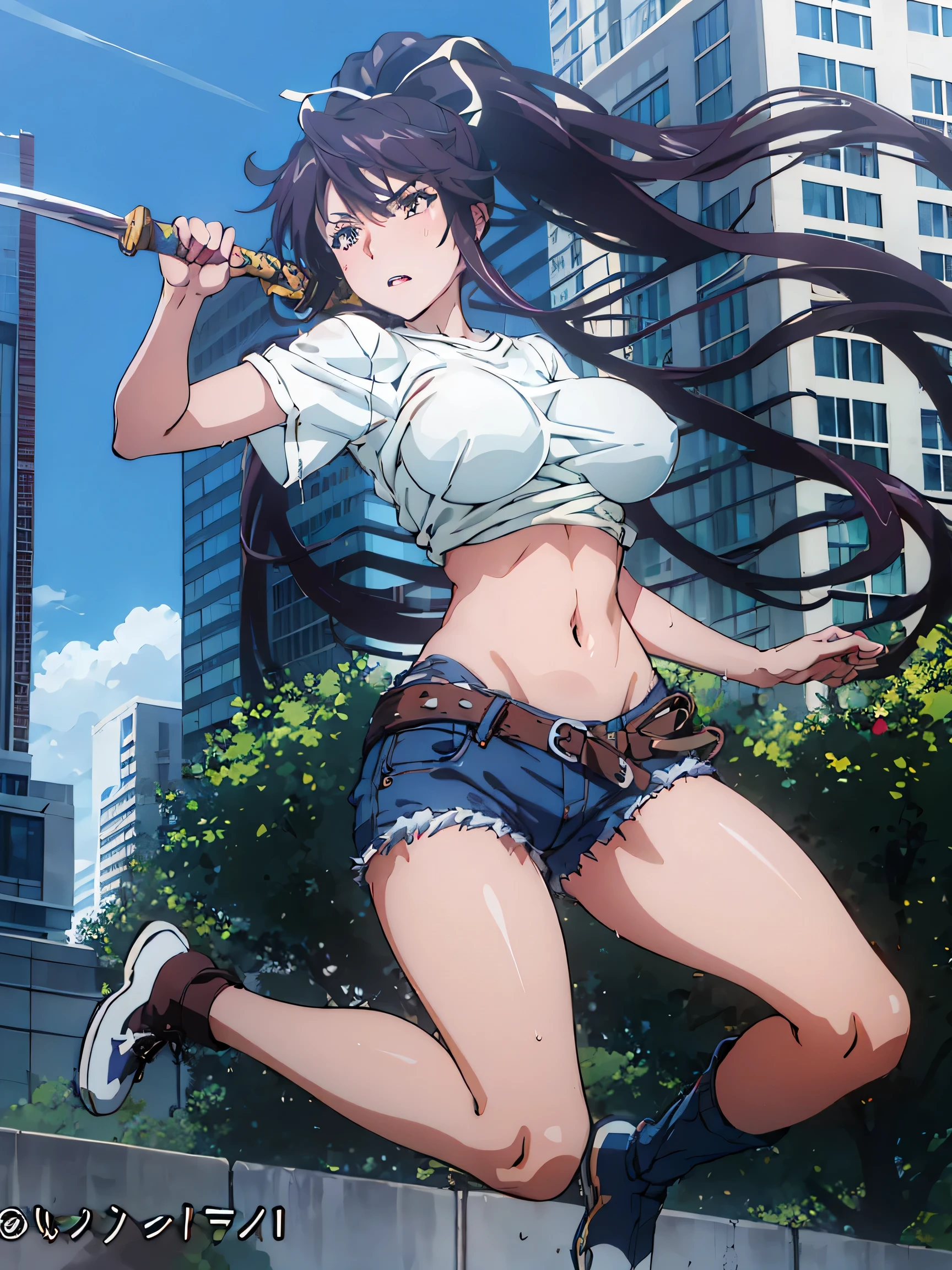 Beautiful girl 、jeans、One side short pants, one side long, long hair、ponytail、big breasts、Official Anime Art、dynamic gesture、Swinging the Sword, Jump and lift your legs, Thin shirt,Wet shirt, in the city