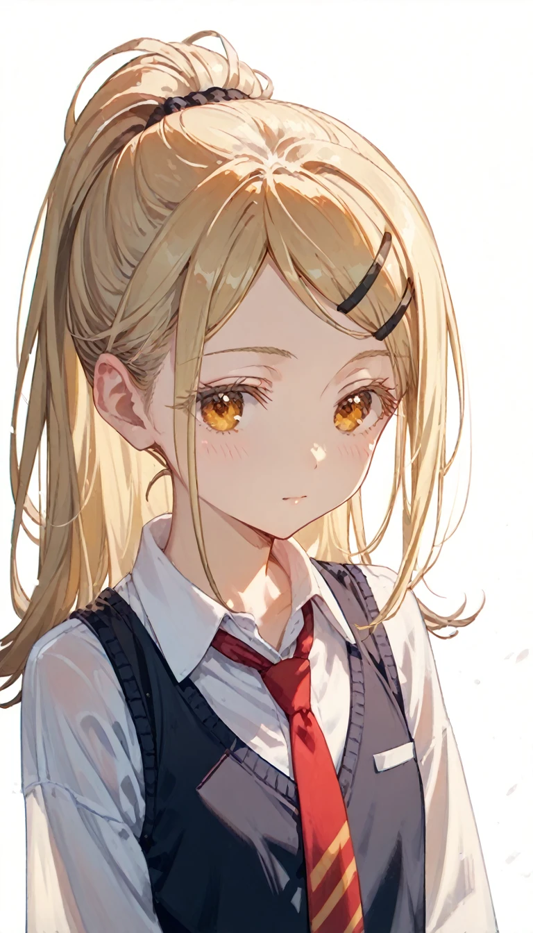 shinosawa hiro,slender,amber eyes,white eyelash,blonde hair,long hair,hairclip,white background,flat chest,necktie,black vest,ponytail,