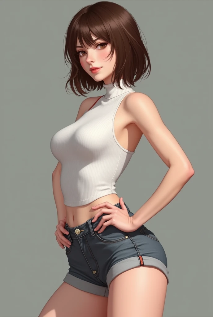 (((masterpiece, best quality, ultra highres, 1 girl, solo, no background))), super detailed skin and face and eyes and finger, beautiful japanese woman, small breasts:1.5, skinny, light brown hair, very short pixie hair, cowboy shot, white background, boyish, expressionless, Various clothes, Various poses, Please draw the entire character within the frame, ensuring that the head, arms and legs are not cut off, with the character positioned centrally, female genitals visible through tight clothing, nipple,