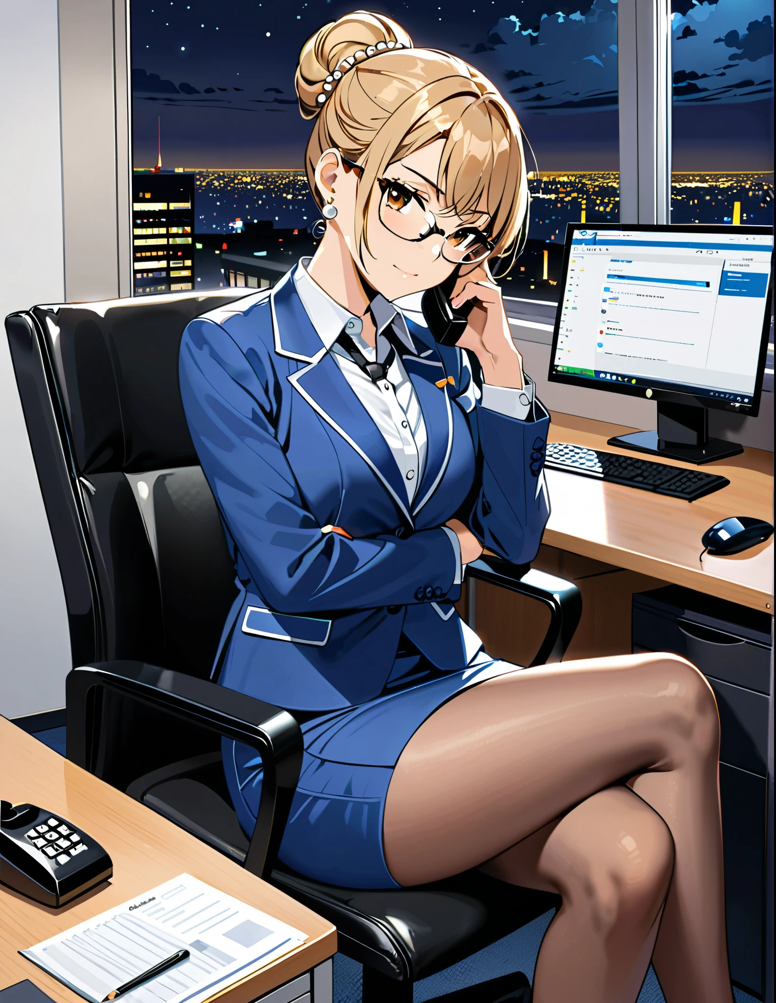 high quality:1.3 , performance, sitting, KaedeAkiyama, long hair, ponytail, glasses, KaedeAkiyama, long hair, ponytail, glasses, office lady, red skirt suit, red skirt, miserable
