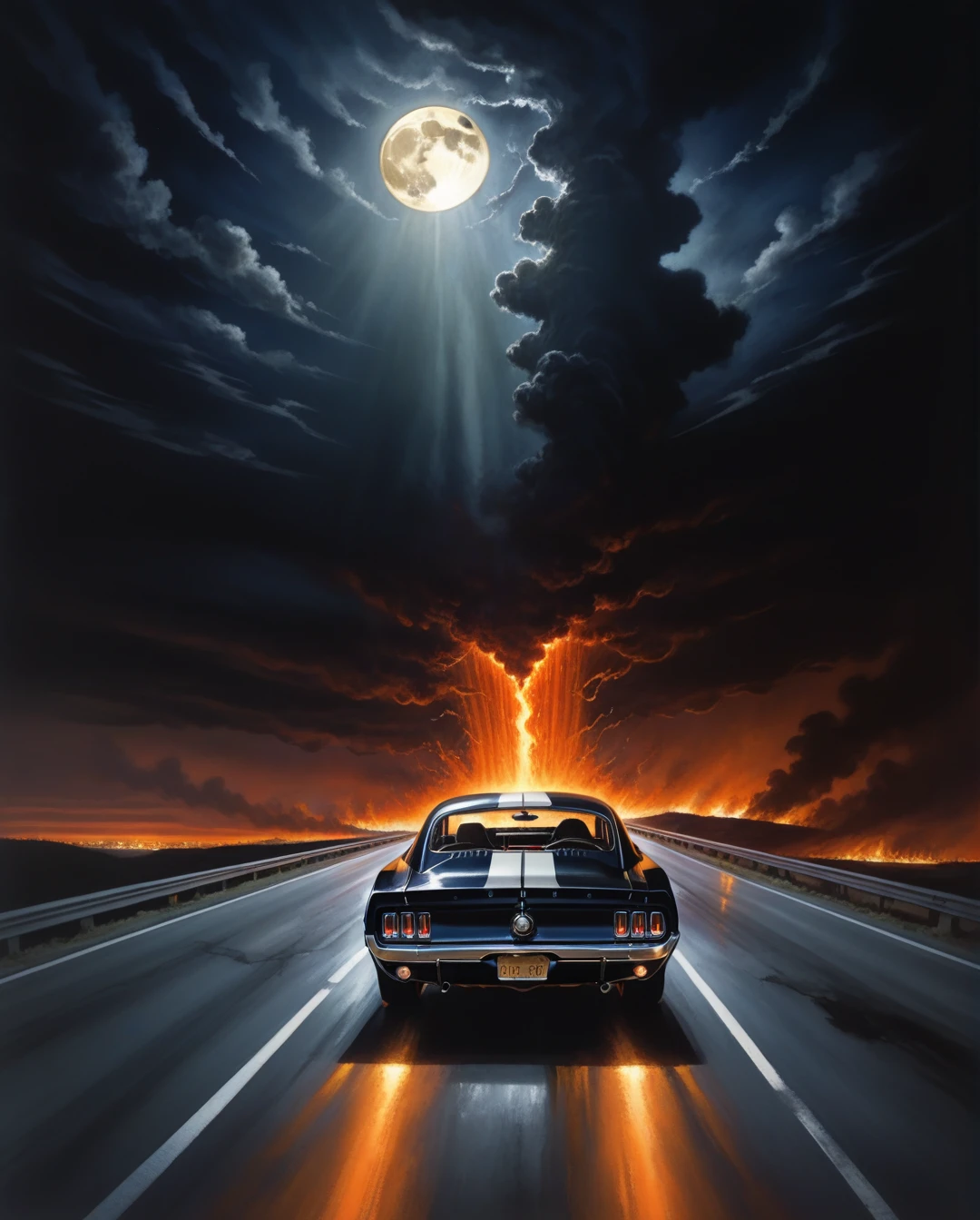 **AI Art Prompt:**

Create a high-intensity, night-time scene of a black Mustang racing down a desolate highway. The driver grips the wheel, his knuckles white with desire as the car's wheels explode with fiery energy, mimicking the violent impact of a slug from a .45. The car moves with 400 horsepower, cutting through the darkness like a piercing blade.

The backdrop features a silent Baltic motorway under an ominous sky, with hints of an apocalyptic dawn breaking on the horizon. The road stretches endlessly, glowing faintly as it leads toward a distant river that reflects a cosmic moon in Scorpio. The Mustang’s sleek, metallic form embodies "Black Sunshine," moving to the speed of sound with a palpable intensity.

The air around the car shimmers with acidic, radioactive waves, evoking a surreal, almost dystopian atmosphere. The viewer can feel the revolution brewing in the distance, as if the earth itself is about to rise and revolt. A dark, surreal, and highly detailed image with tones of black, silver, and fiery oranges piercing the night.