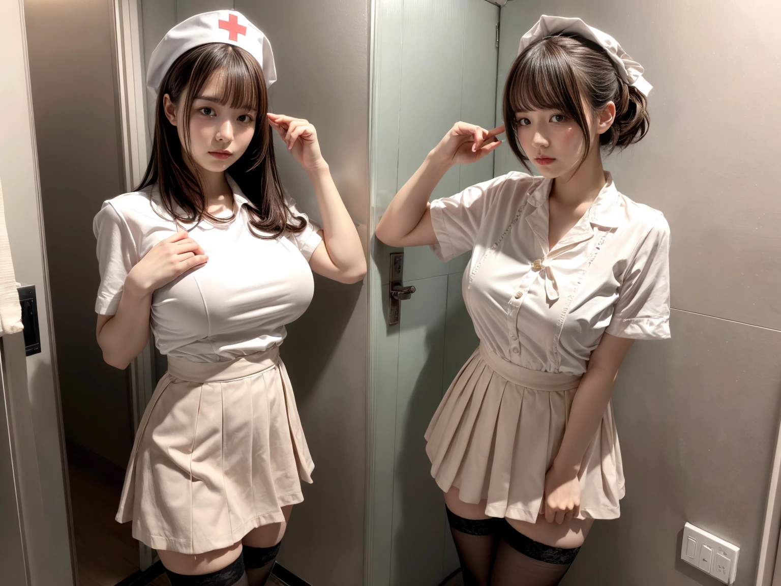 masterpiece, best quality, illustration, Super detailed, fine details, High resolution, 8K,wall paper, perfect dynamic composition,(Details High quality, realistic depiction of eyes:1.3), Hospital Rooms、White nurse cap、White tights、White nurse uniform、standing、Hand skirt、Flipping up a white skirt, large breasts,short bob hair, black hair color, Big Natural Color Lip, bold sexy pose, crying a little、20 year old girl、cute type、beautiful legs, hposing Gravure Idol