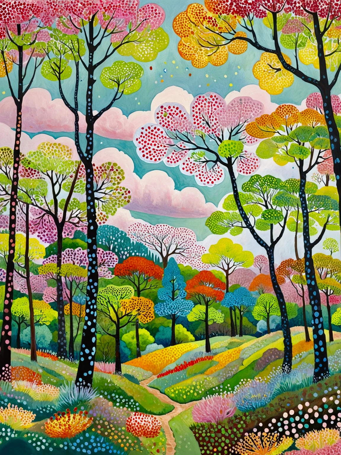 painting of a colorful landscape with trees and clouds, vibrant gouache painting scenery, whimsical forest, colorful trees, hill with trees, nature painting, bright forest, trees in the grassy hills, colorful landscape painting, detailed trees, lots of trees, painting of a forest, random forest landscape, trees with lots of leaves, inspired by Henri Rousseau, inspired by Pacita Abad