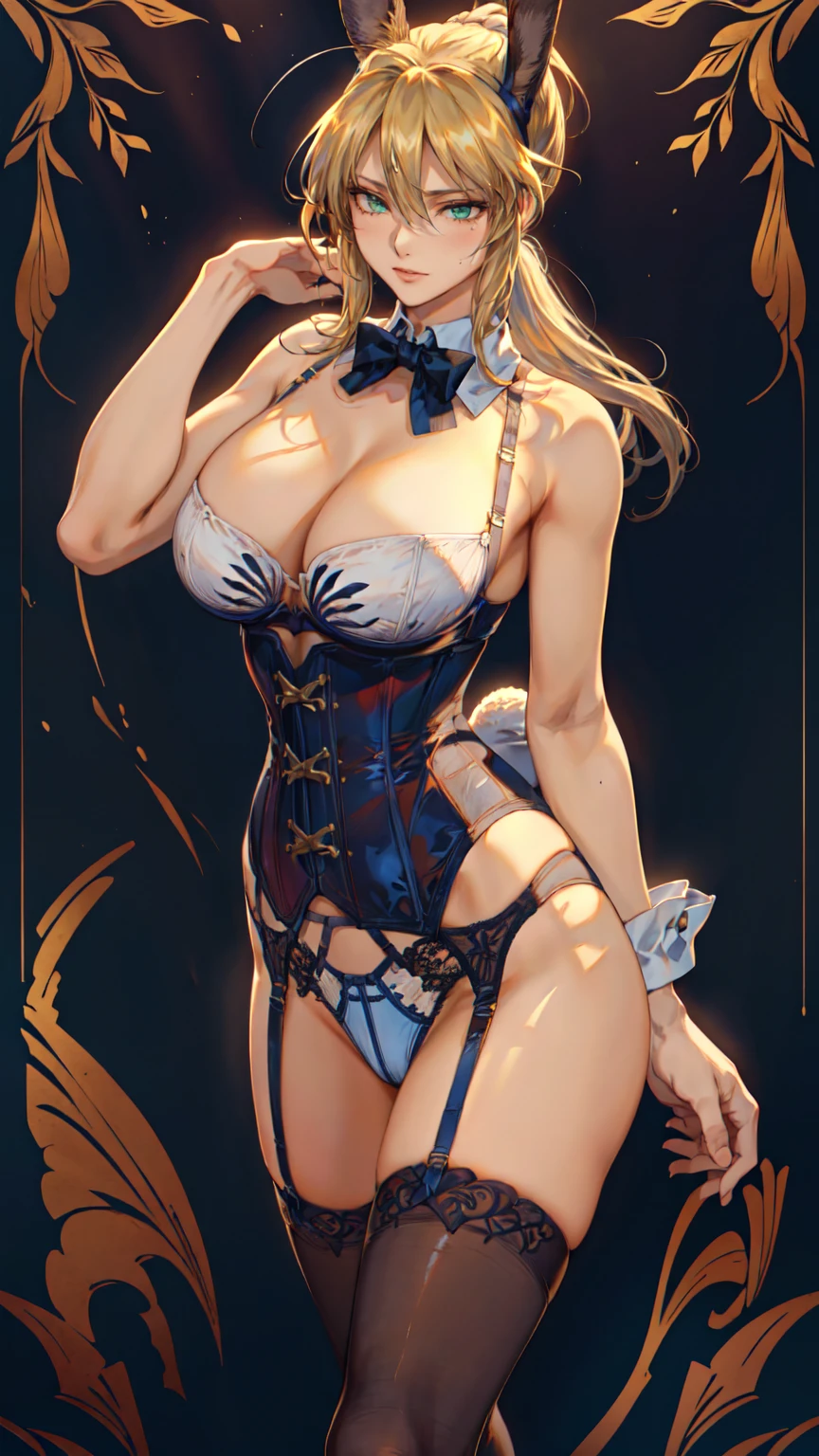 Artoria Lancer, Mature Woman, Cool woman, elegant, Blonde, (((Green Eyes, eyes in highlight:1, shiny eyes:1))), ((Bunny suit, Headband, rabbit ears, corset, bow tie, garter belt, high leg, thigh highs)), Portraiture, ((cowboy shot)), Curvaceous, 4K resolution, high quality, 最high quality, High resolution, unity 8k wallpaper, (figure:0.8), (((beautiful細部までこだわった目:1.6))), ((非常に詳細なface)), Highly detailed CG, (Perfect hands, Perfect Anatomy), (Vibrant_color:1.2), Professional photos, (beautiful_face:1.5), (narrow_Waist), (((grin, sharp face))), (perfect anatomy), ((highly detailed beautiful face)), ((slender body, slim arms)), ((very big boobs, Cleavage)),((long hair, high ponytail, long sideburns)),(official art:1), ((tall person)), (nice body), Incredibly absurd, 最high quality, 4K wallpaper, mature modeling, One girl, alone, (arms behind head), (魅惑的なface:1.3), Bone eye, Deep and detailed, ((see-through lingerie garter belt black thigh highs)), sexy lace underwear, lingerie, Simple Background, Gradient Background