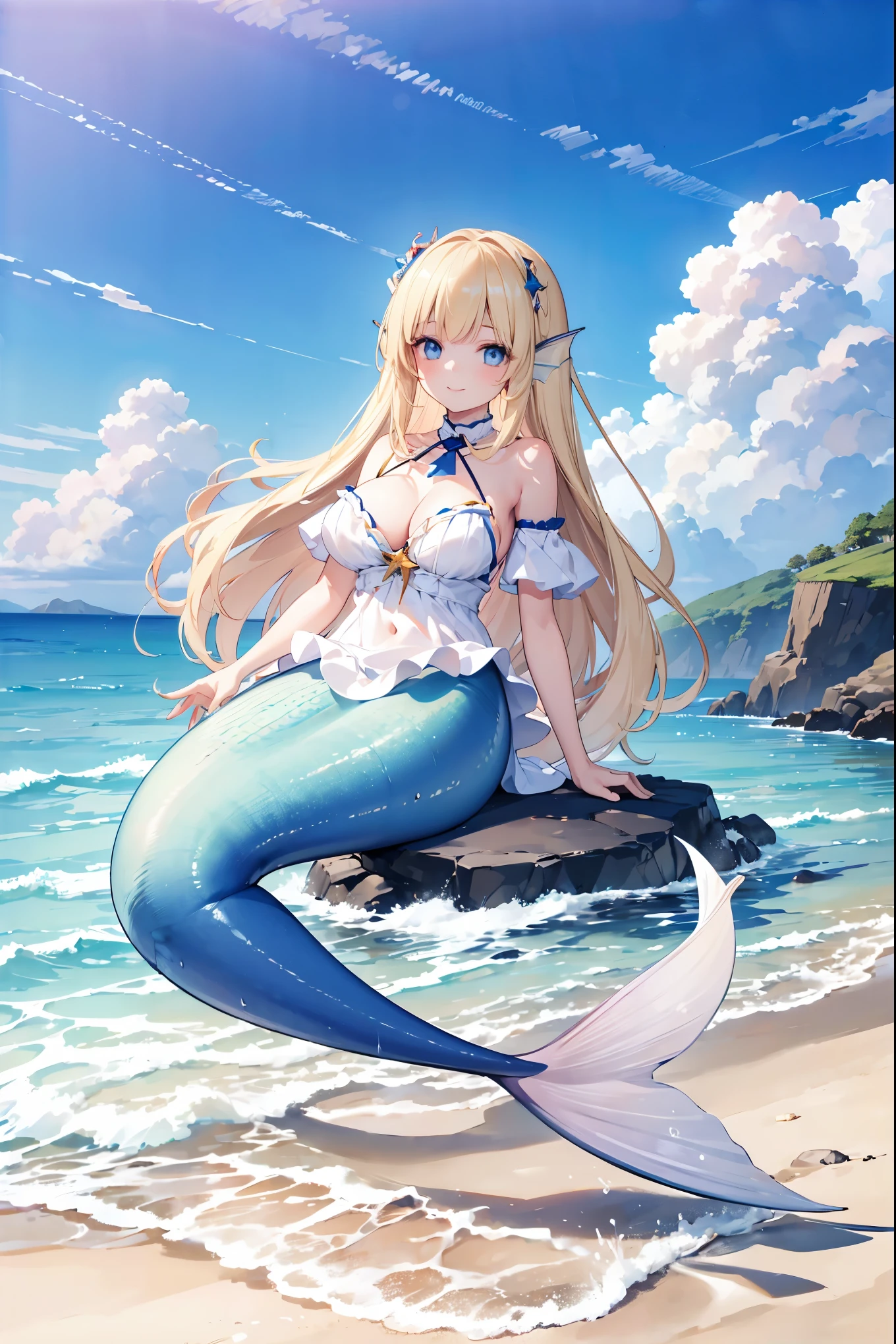 (masterpiece, best quality),A young girl,Mermaid,Large Breasts,Head fin,Long blond hair,Blue Eyes,Bangs,Silky hair,sweet smile,Beach,Sea view,坐在Beach上,full-body shot